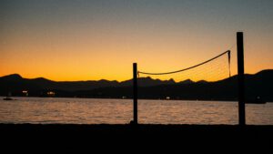 A volleyball net at kits beach at sunset